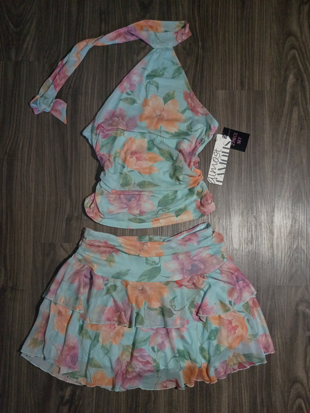 Almost Famous Aqua Floral Halter Ruffle Mini Dress